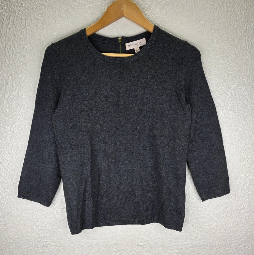 Nwt Philosophy Women's Crew Neck Sweater 3/4 Sleeve Pull Over Charcoal Gray Smal - Picture 2 of 16